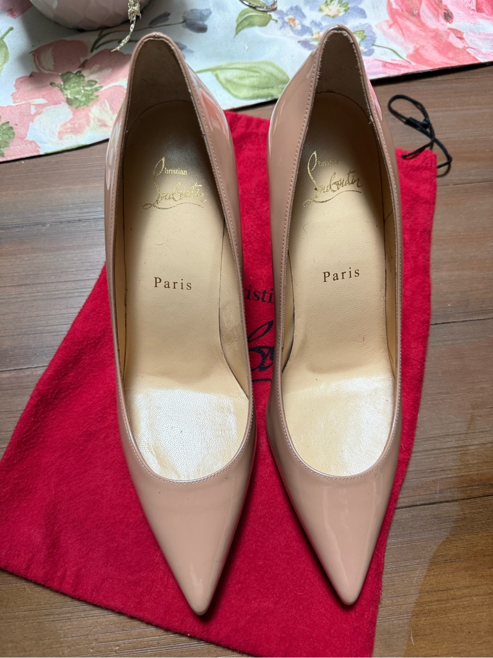 Christian Louboutin Nude Patent Pointed-Toe Pumps - Blush size 38 or 7.5 US